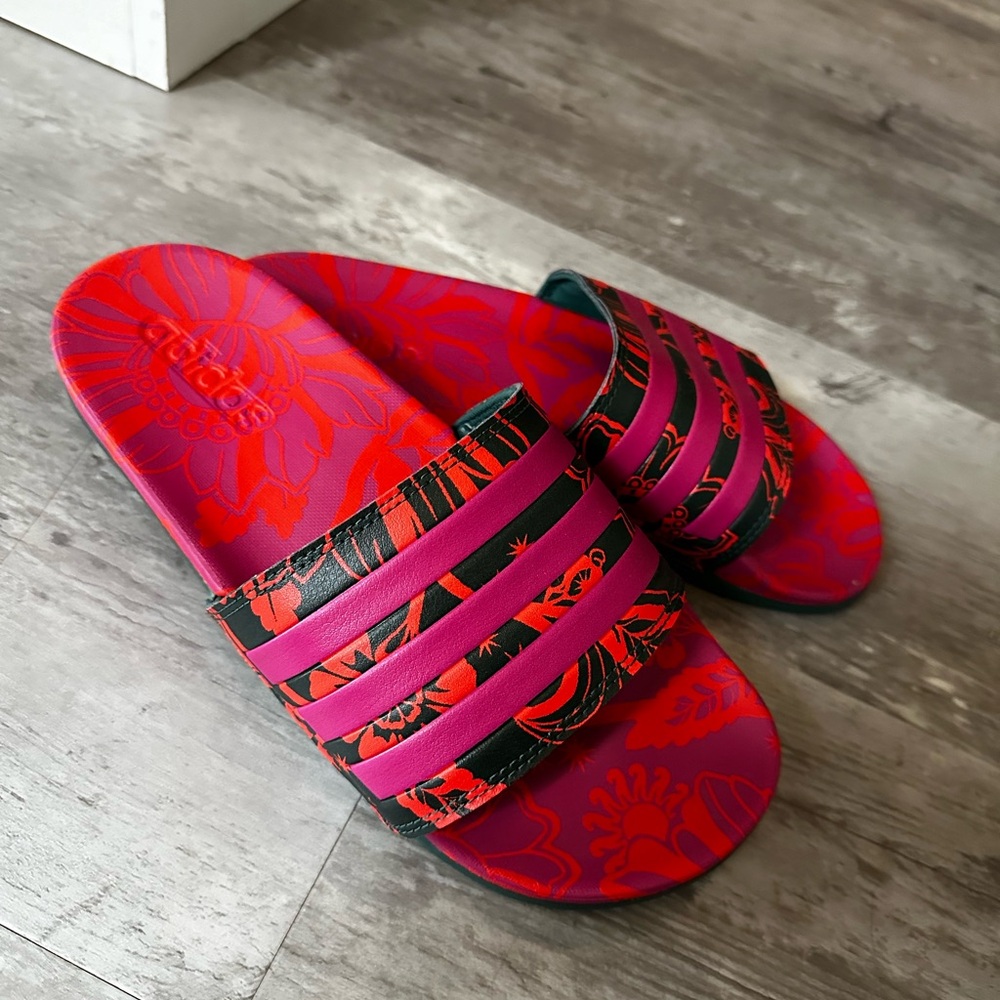Adidas pink flower slides